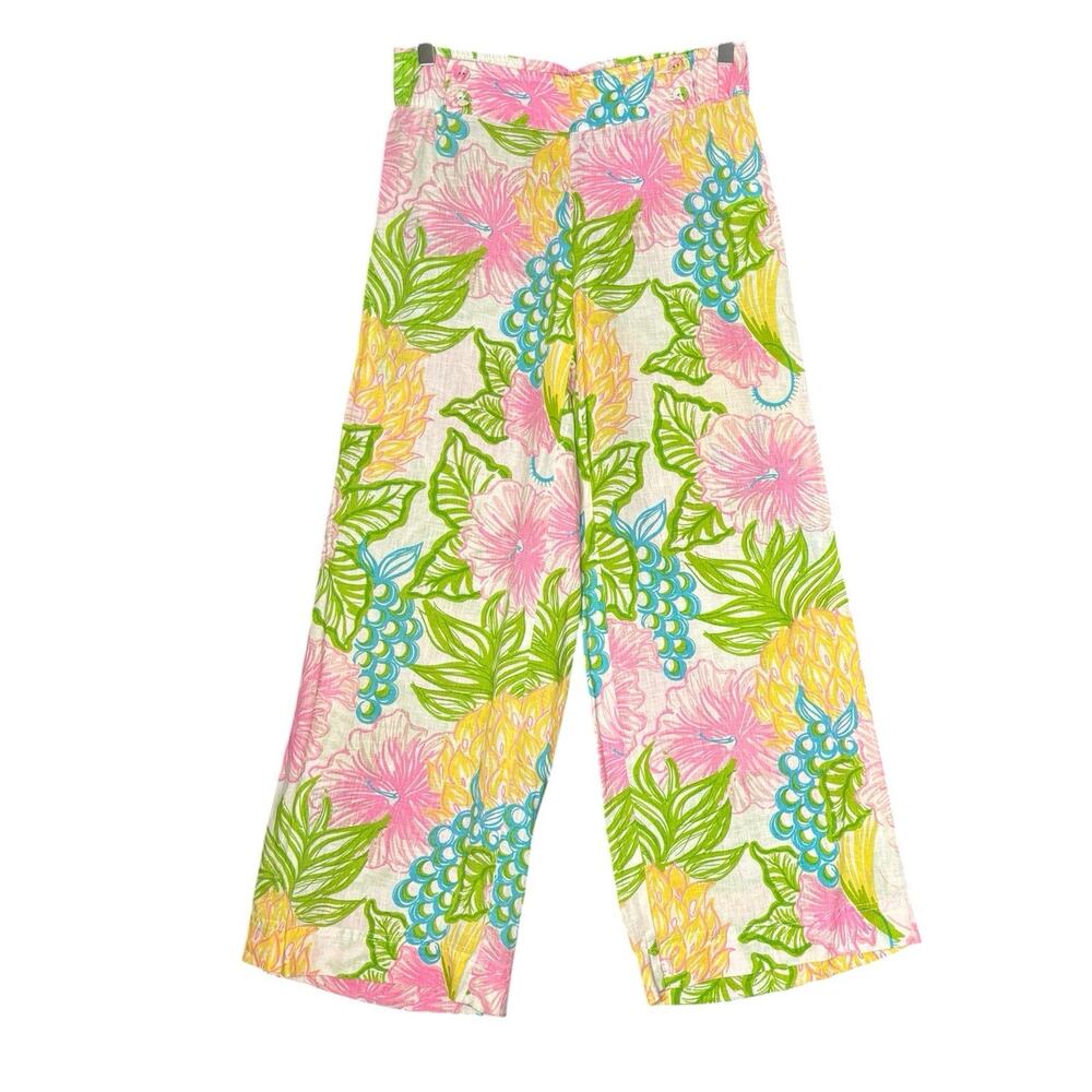 Lilly Pulitzer Linen Crop Pants Womens S Tropical Floral Wide Leg Resort Beach